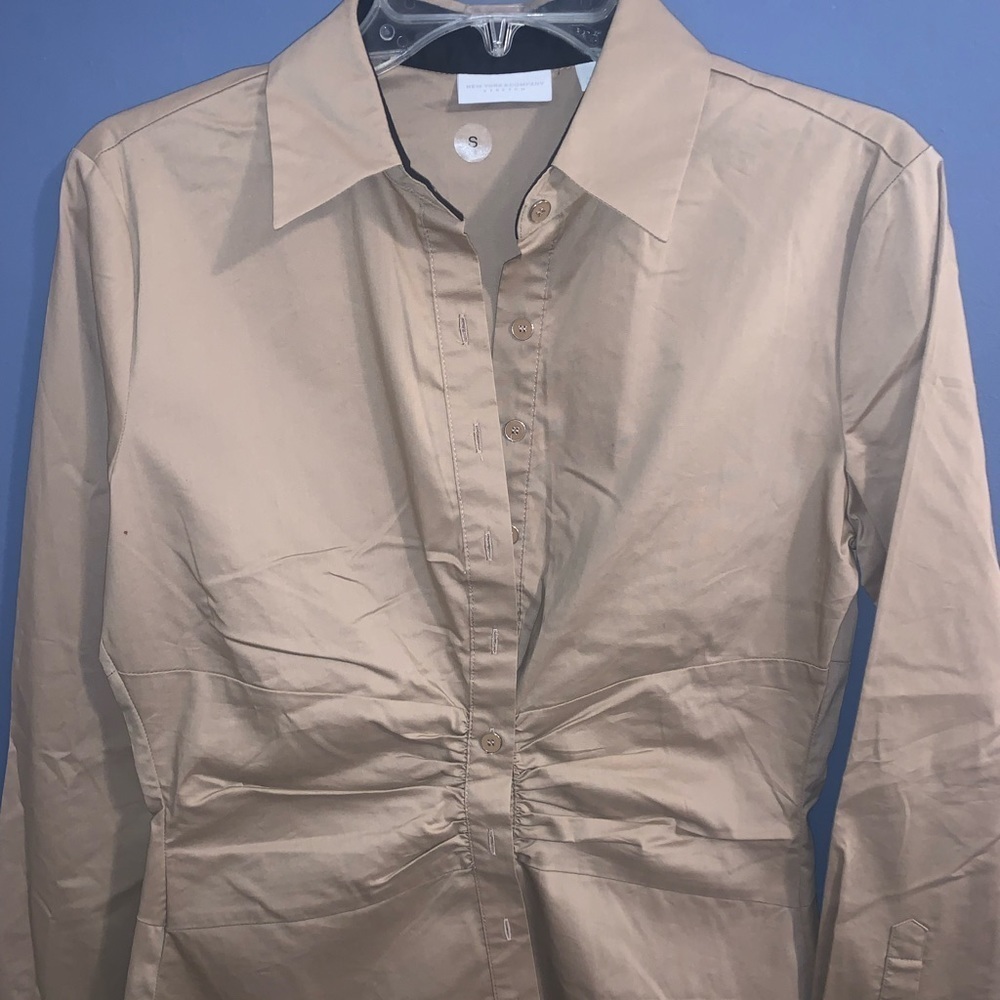New York and Company tan long sleeve button down shirt - Picture 2 of 11